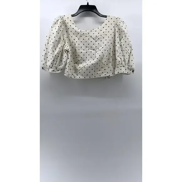 UNBRANDED Women's White-Black Micro Dot Print Balloon Sleeve Cropped Top SZ S - Picture 1 of 9